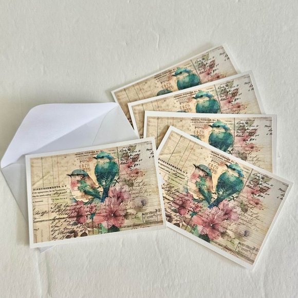 Set of 5 Collage w/pr of Birds small handmade folded blank gift, greeting, journ - Picture 4 of 4
